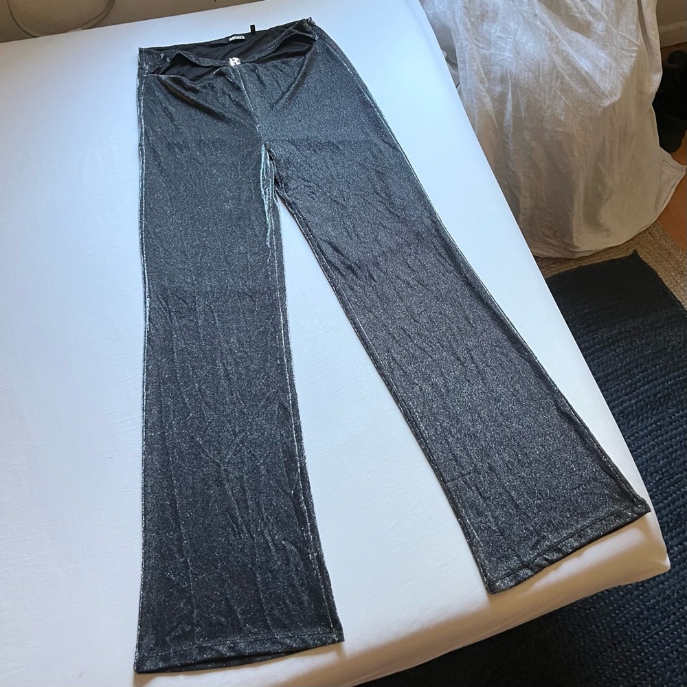 ROTATE BIRGER‎ CHRISTENSEN silver glitter knit cutout logo hardware wide bootcut
